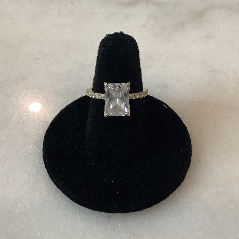 Emerald-Cut White Crystal Ring in Gold Tone, Brand New